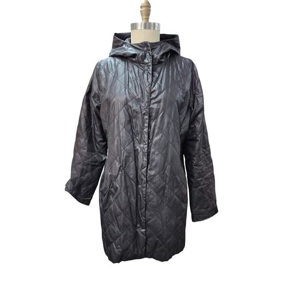 Eileen Fisher Quilted Puffer Coat Polyester/Rayon Black  Lightweight Hooded Sz L - Picture 1 of 7